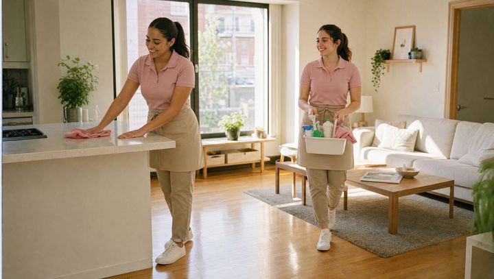 Deux membres de l'équipe de Nice and Tidy au travail dans un logement de Montréal